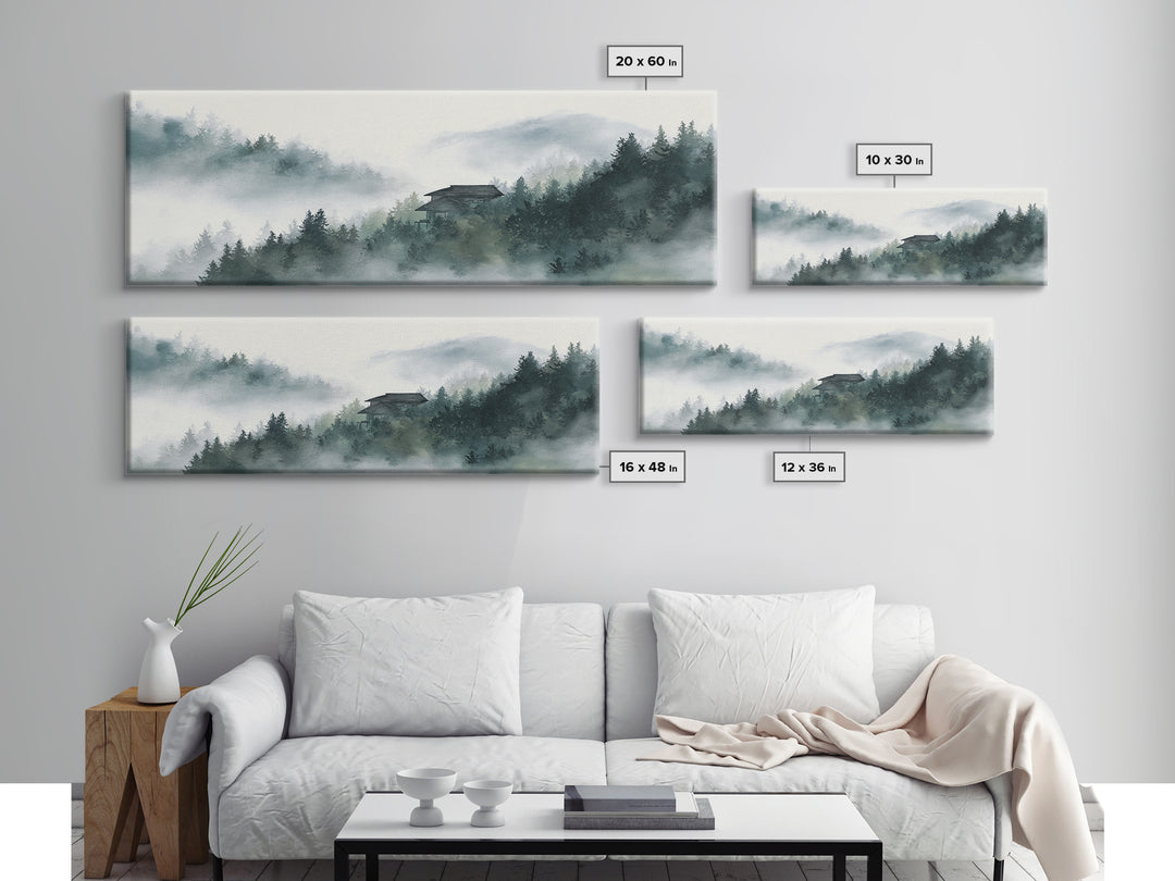 Misty Forest Cabin In Mountain Fog Wall Art, Japandi Landscape Print, Calming Nature Decor, Neutral Home Decor For Living Room