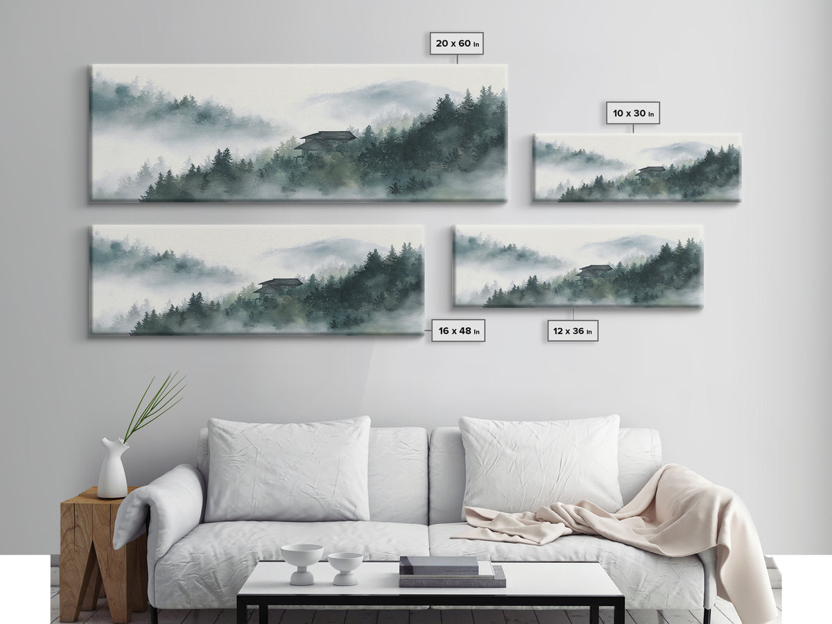 Misty Forest Cabin In Mountain Fog Wall Art, Japandi Landscape Print, Calming Nature Decor, Neutral Home Decor For Living Room