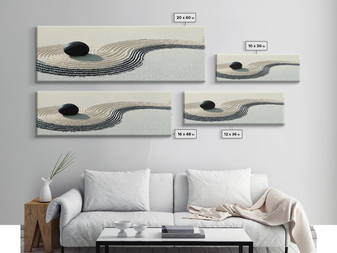 Black Stone Zen Garden Wall Art, Minimalist Sand Ripple Canvas Print, Japandi Spa Decor, Neutral Meditation Room Poster Print
