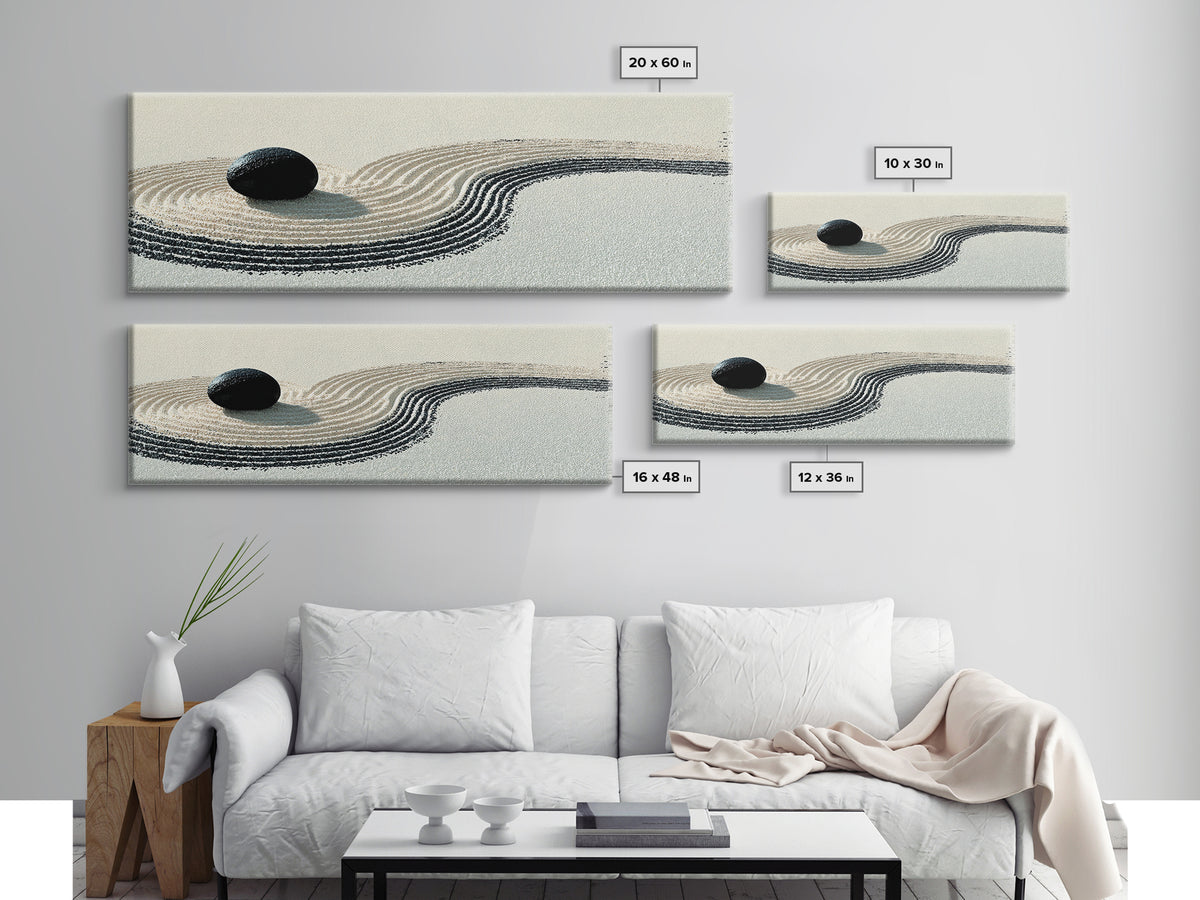 Black Stone Zen Garden Wall Art, Minimalist Sand Ripple Canvas Print, Japandi Spa Decor, Neutral Meditation Room Poster Print