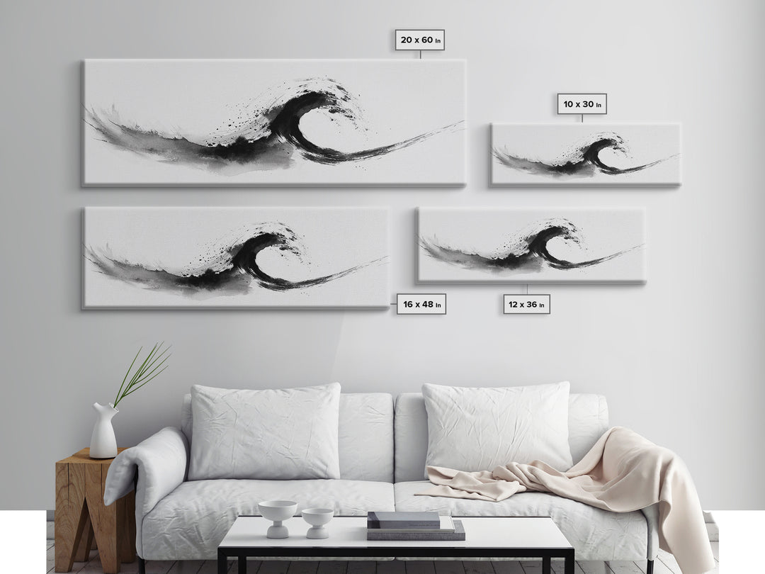 Black Ink Wave Minimalist Seascape Wall Art, Japanese Sumi Ocean Print, Coastal Zen Decor, Modern Black And White Art, Long Horizontal Art