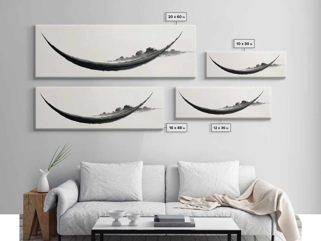 Minimal Black Ink Boat Wall Art, Japanese Zen Canvas Print, Monochrome Abstract, Wabi Sabi Decor, Long Horizontal Art Print