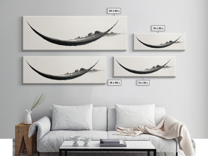 Minimal Black Ink Boat Wall Art, Japanese Zen Canvas Print, Monochrome Abstract, Wabi Sabi Decor, Long Horizontal Art Print