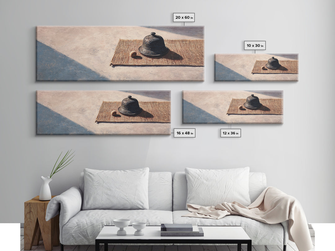 Sunlit Cloche On Woven Mat Canvas Print, Minimalist Still Life Wall Art, Rustic Kitchen Decor, Neutral Modern Home Decor