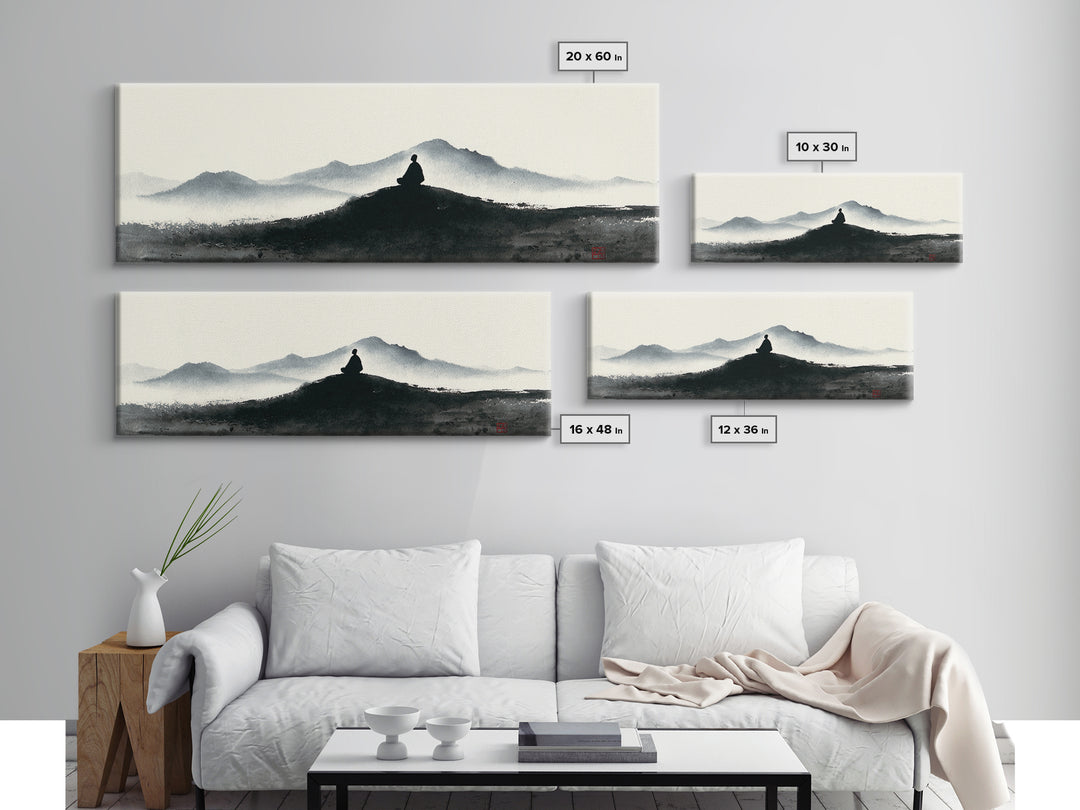 Minimalist Monk Mountain Wall Art, Japanese Ink Wash Landscape, Zen Meditation Decor, Black And White Framed Canvas Print