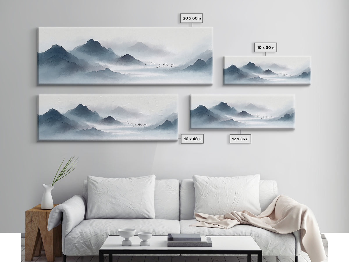 Misty Ink Mountain Landscape Canvas Print, Minimalist Japanese Wall Art, Black And White Zen Decor, Calming Office Art Print