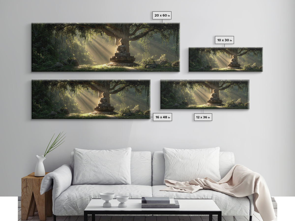Buddha Statue In Sunlit Forest Wall Art, Zen Meditation Canvas Print, Spiritual Home Decor, Calming Nature Artwork Gift Idea
