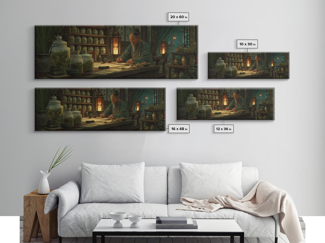 Asian Herbalist Apothecary Framed Canvas Print, Japanese Wall Art, Traditional Medicine Decor, Calligraphy, Moody Office Art