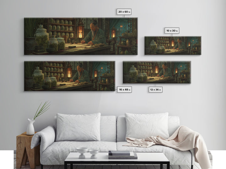 Asian Herbalist Apothecary Framed Canvas Print, Japanese Wall Art, Traditional Medicine Decor, Calligraphy, Moody Office Art