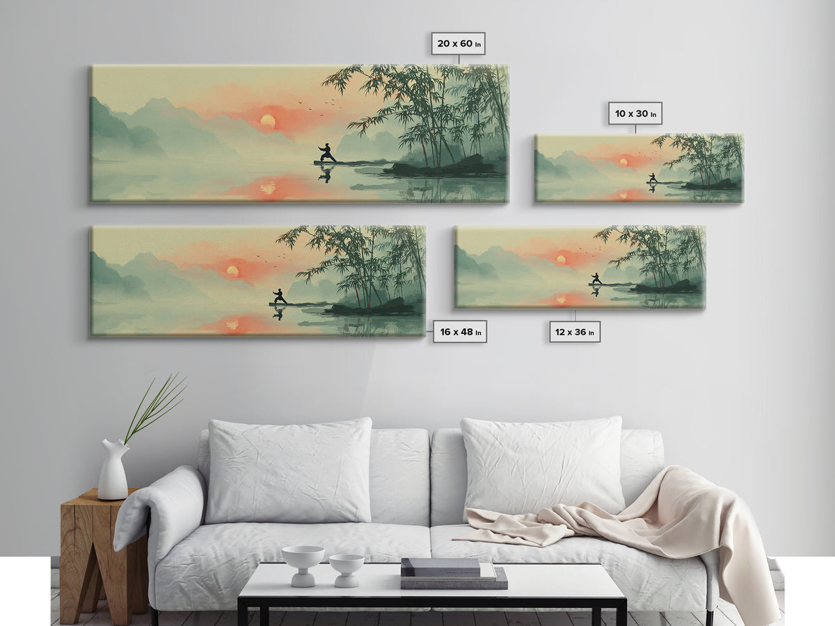 Misty Asian Lake Fisherman Wall Art, Zen Sunrise Landscape Canvas Print, Japanese Bamboo Decor, Peaceful Meditation Room Art