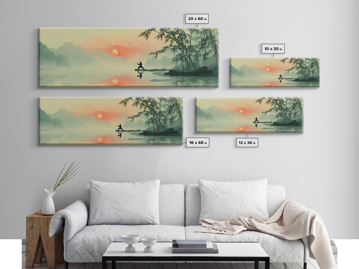 Misty Asian Lake Fisherman Wall Art, Zen Sunrise Landscape Canvas Print, Japanese Bamboo Decor, Peaceful Meditation Room Art