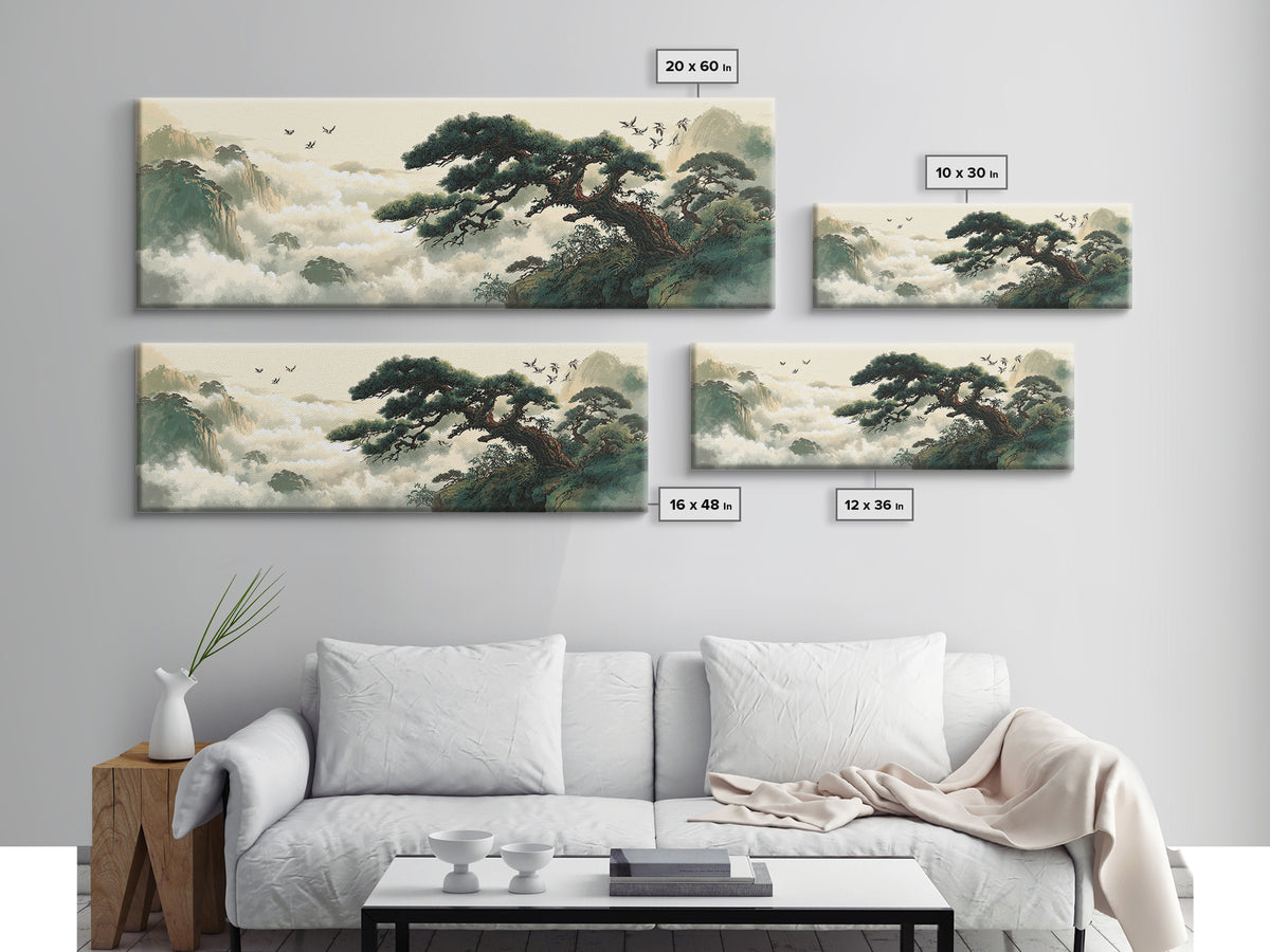 Misty Pine Mountain Landscape Wall Art, Asian Zen Framed Canvas Print, Japandi Nature Decor For Living Room And Office Home Decor