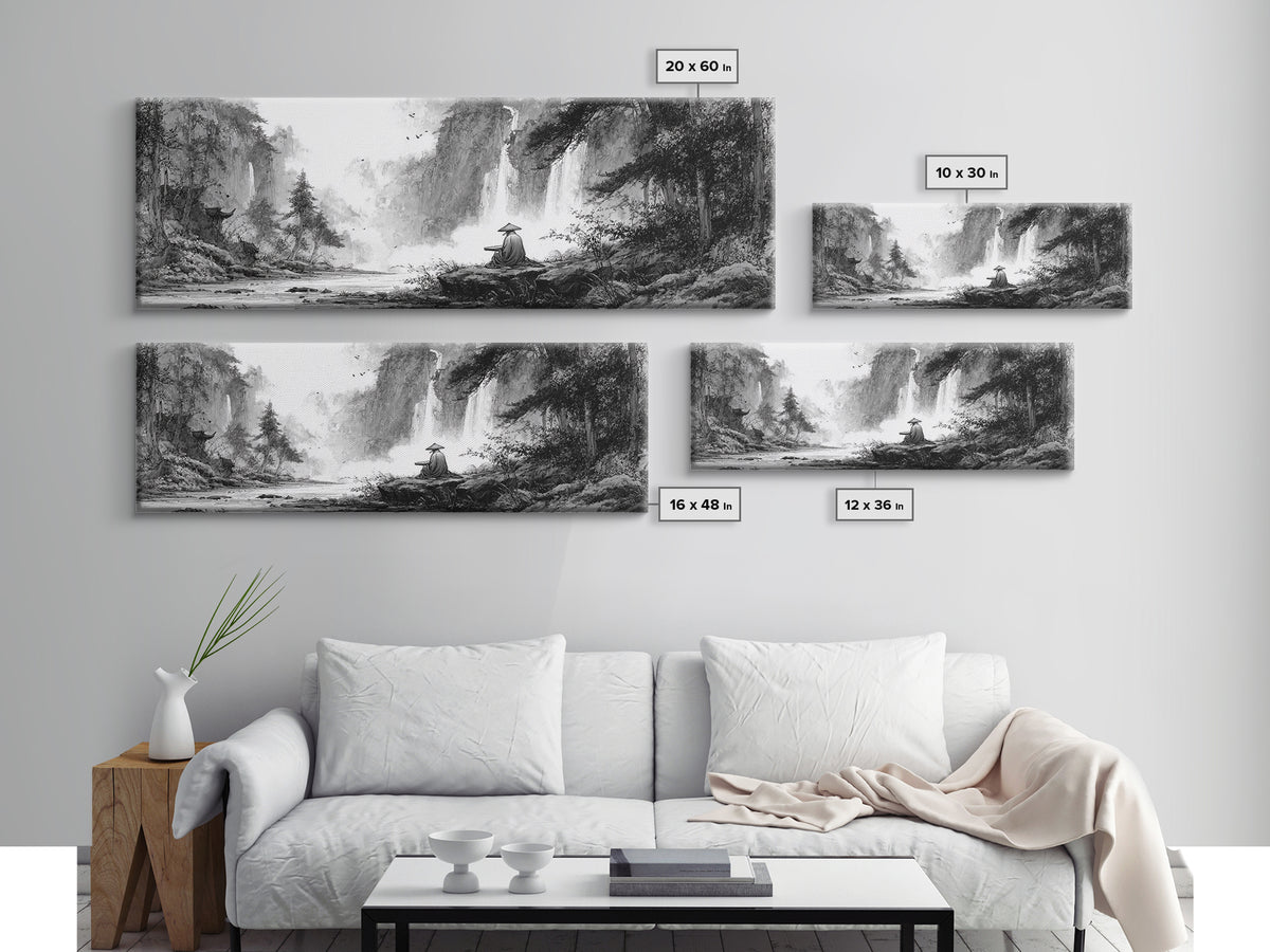 Black And White Waterfall Monk Wall Art, Japanese Landscape Print, Zen Meditation Decor, Nature Art For Office Or Living Room