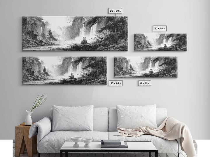 Black And White Waterfall Monk Wall Art, Japanese Landscape Print, Zen Meditation Decor, Nature Art For Office Or Living Room