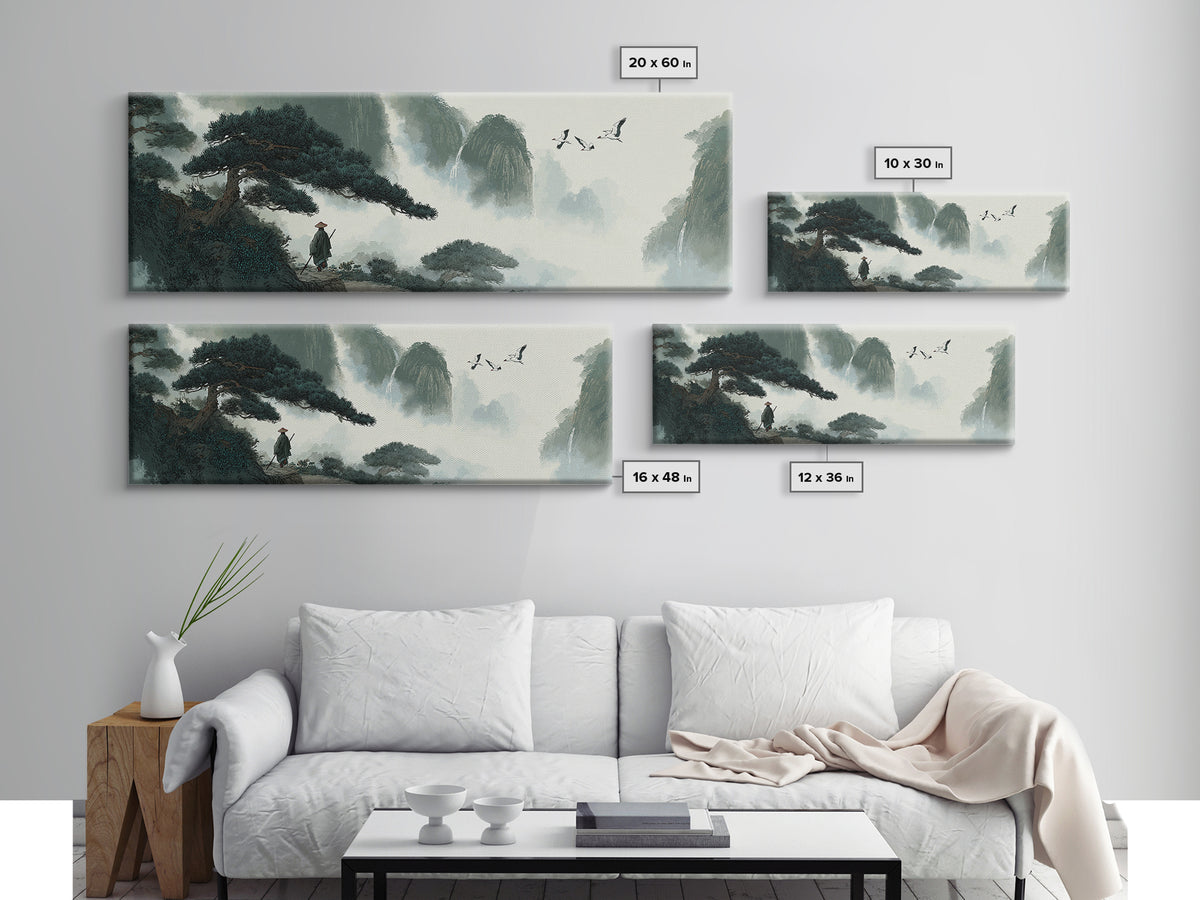 Misty Mountain Pine Landscape Wall Art, Japanese Ink Style Canvas, Zen Nature Print, Panoramic Living Room Decor, Calming Office Decor