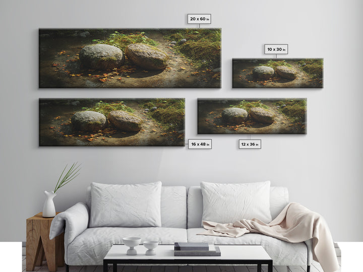 Mossy Stream Stones Nature Wall Art, Framed Canvas Print, Zen Spa Decor, Calming Landscape Art For Living Room And Office