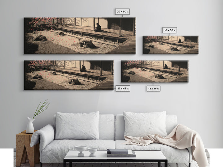 Japanese Zen Garden With Monk Canvas Print, Minimalist Sand Rake Wall Art, Japandi Meditation Decor For Tea Room And Home Decor
