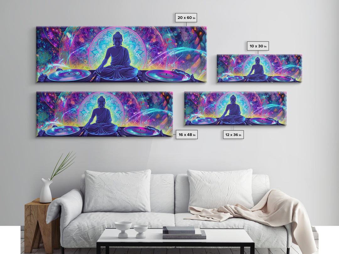 Neon Buddha DJ Canvas Print, Psychedelic Meditation Wall Art, Spiritual Decor, Yoga Studio, Music Room, Vibrant Home Decor
