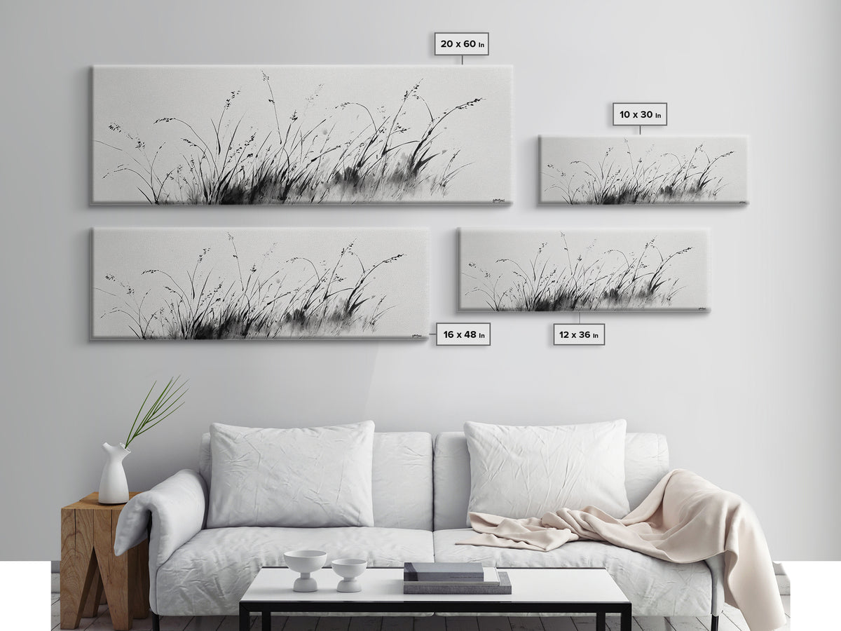 Minimalist Grass Ink Wall Art, Black And White Botanical Canvas Print, Japandi Decor, Neutral Wall Decor, Above Bed Art Print