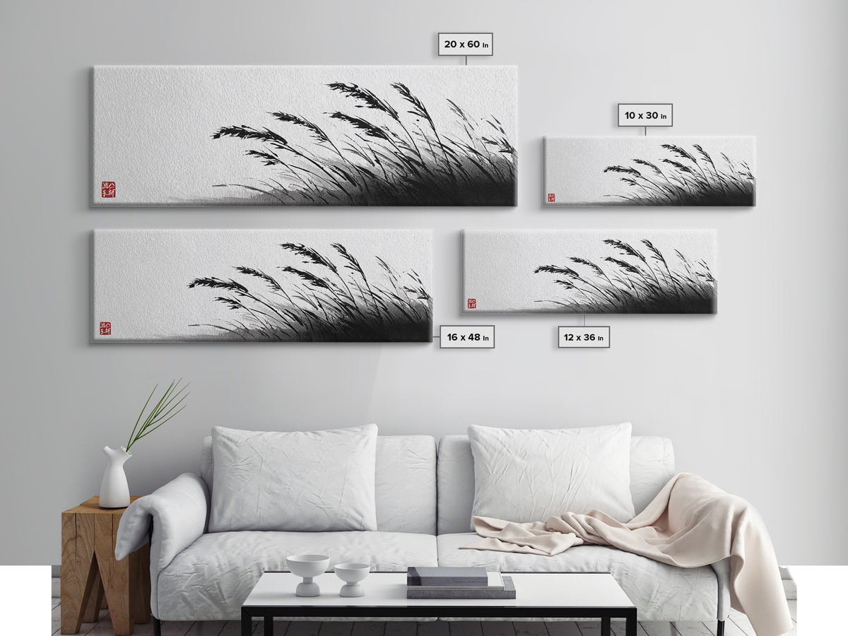 Minimal Ink Grass Reeds Canvas Print, Black And White Japandi Nature Wall Art For Calm Bedroom Decor And Zen Home Decor Print