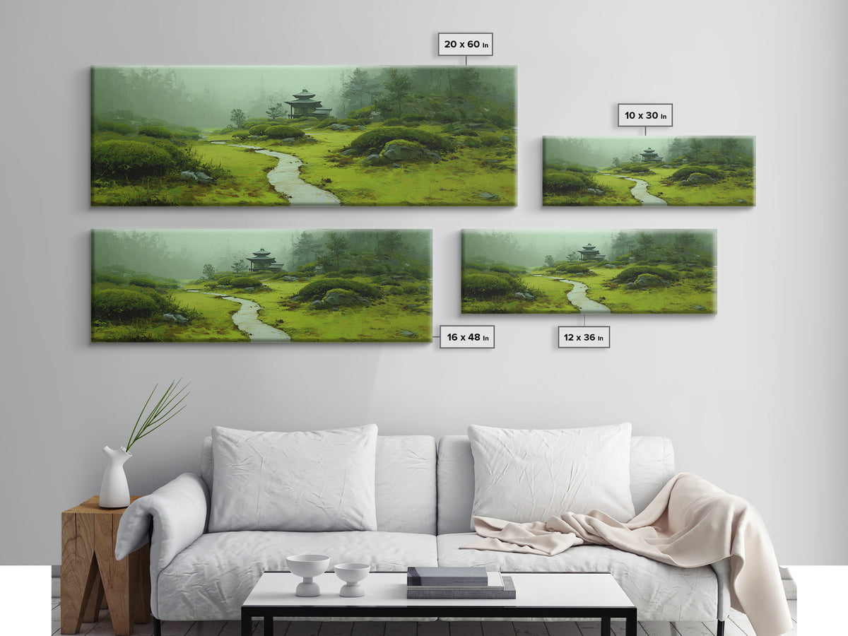 Misty Japanese Garden Path Wall Art, Pagoda Landscape Canvas Print, Zen Home Decor, Japandi Wall Decor, Calming Wall Art