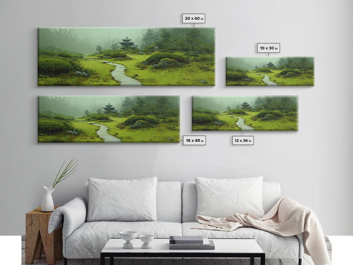 Misty Japanese Garden Path Wall Art, Pagoda Landscape Canvas Print, Zen Home Decor, Japandi Wall Decor, Calming Wall Art