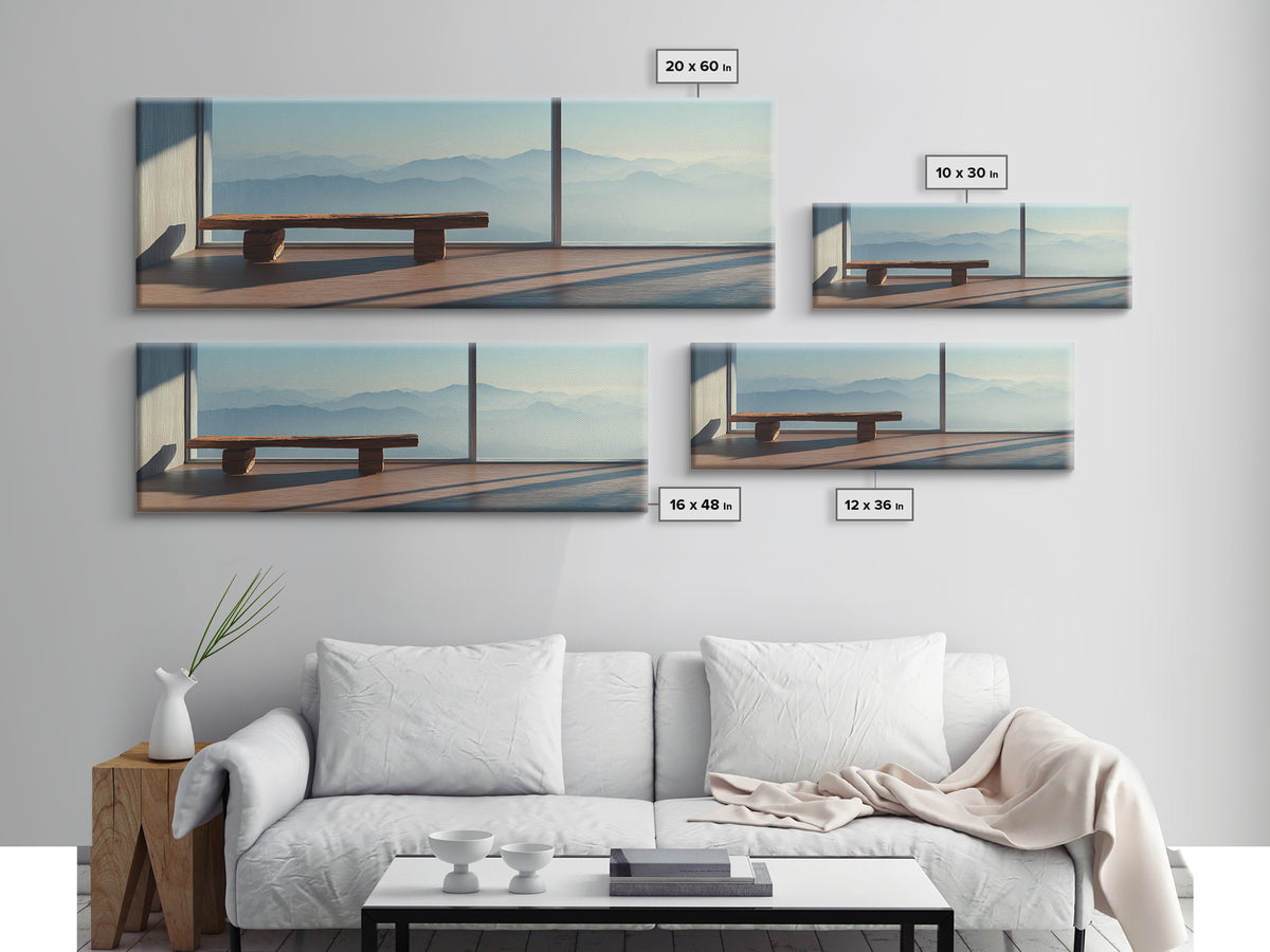 Minimal Mountain View Zen Bench Framed Canvas Print, Japandi Wall Art, Neutral Home Decor, Calming Office Decor, Living Room Decor
