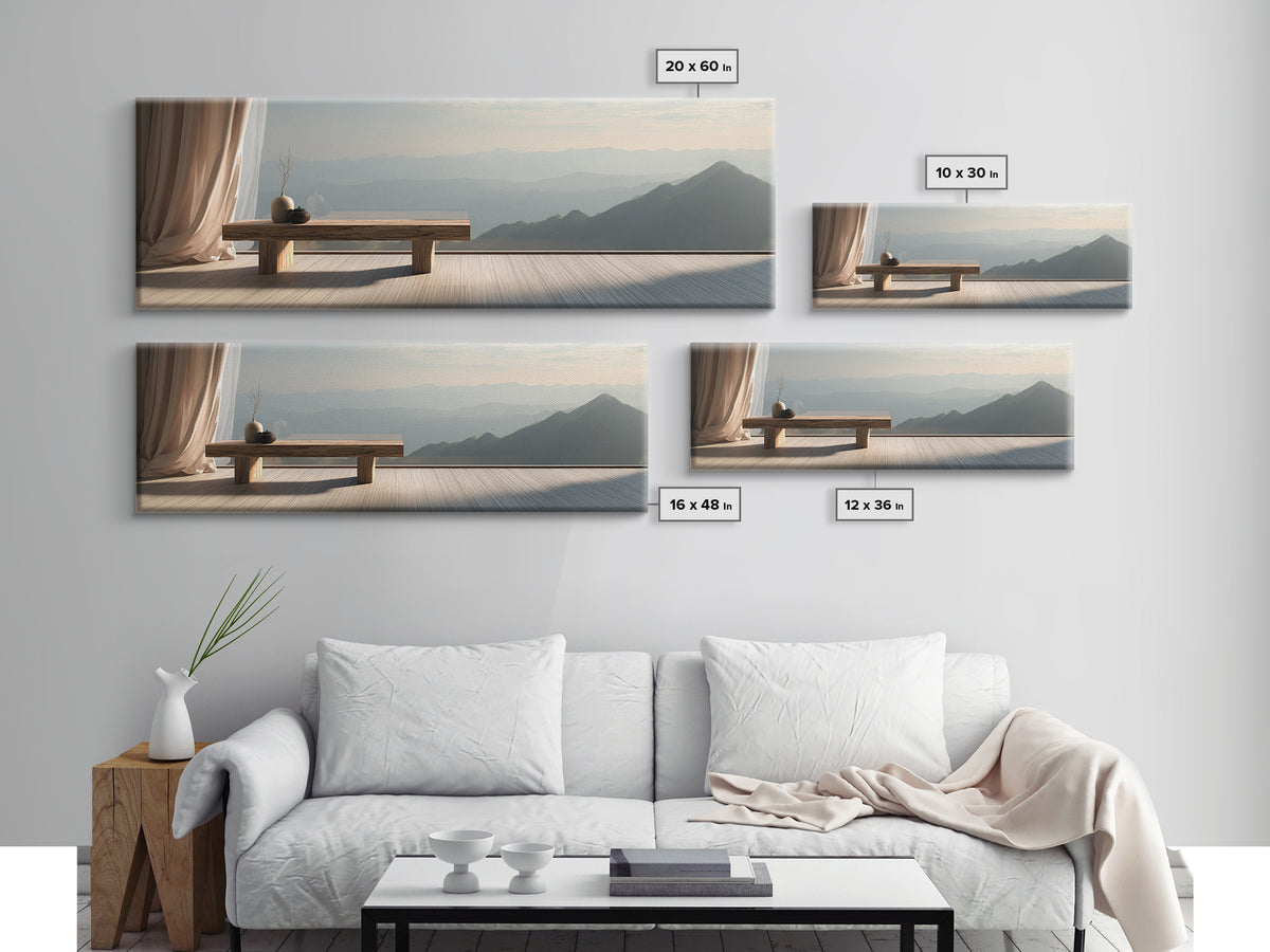Minimalist Zen Bench Mountain View Wall Art, Japandi Interior Canvas Print, Neutral Bedroom Decor, Calming Home Gift For Her