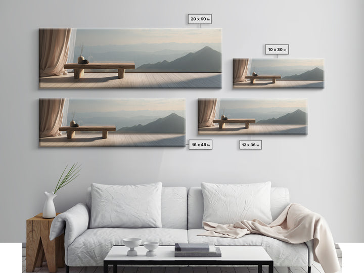 Minimalist Zen Bench Mountain View Wall Art, Japandi Interior Canvas Print, Neutral Bedroom Decor, Calming Home Gift For Her