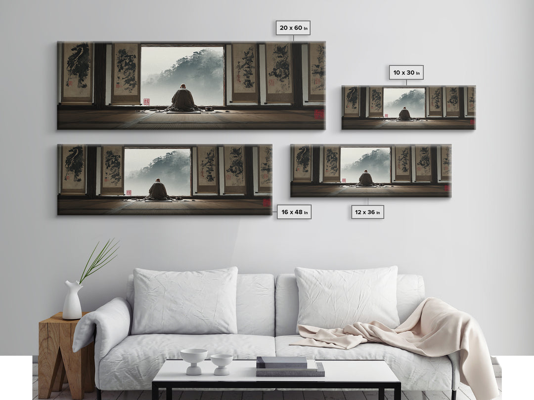 Zen Monk Viewing Misty Mountains Wall Art, Japanese Ink Framed Canvas Print, Meditation Room Decor, Japandi Home Decor, Zen Decor