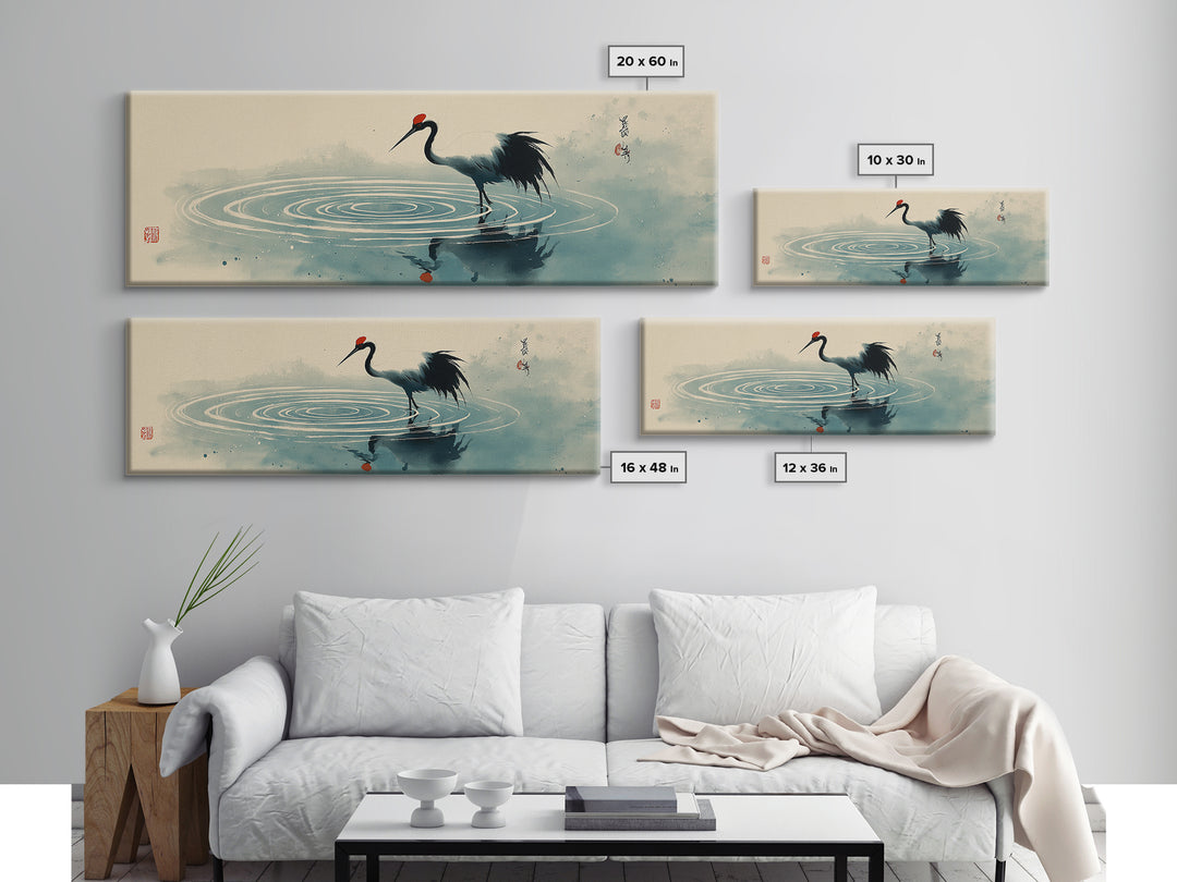 Japanese Crane Ink Painting Wall Art, Zen Bird Canvas Print, Minimalist Asian Decor, Japandi Meditation Room Gift For Her