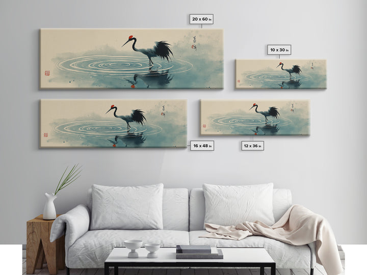 Japanese Crane Ink Painting Wall Art, Zen Bird Canvas Print, Minimalist Asian Decor, Japandi Meditation Room Gift For Her