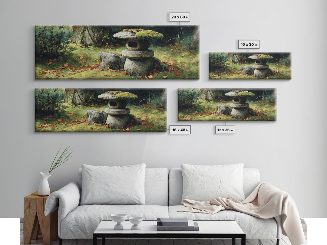 Mossy Japanese Stone Lantern Wall Art, Zen Garden Oil Painting Print, Japandi Decor, Tranquil Nature Framed Canvas Print