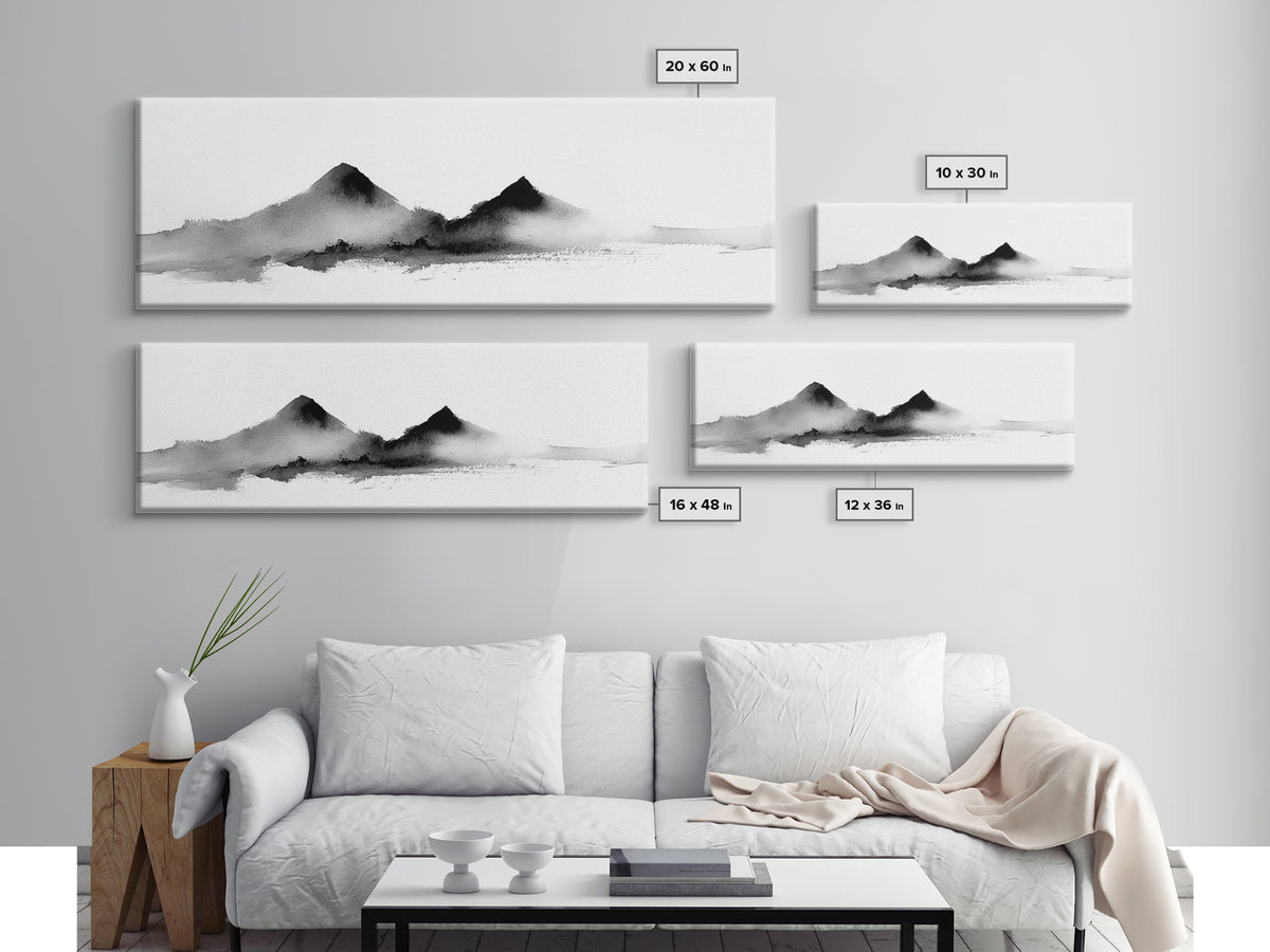 Minimal Black Ink Mountain Wall Art, Japanese Landscape Canvas Print, Wabi Sabi Zen Decor, Neutral Abstract Office Print Home Decor