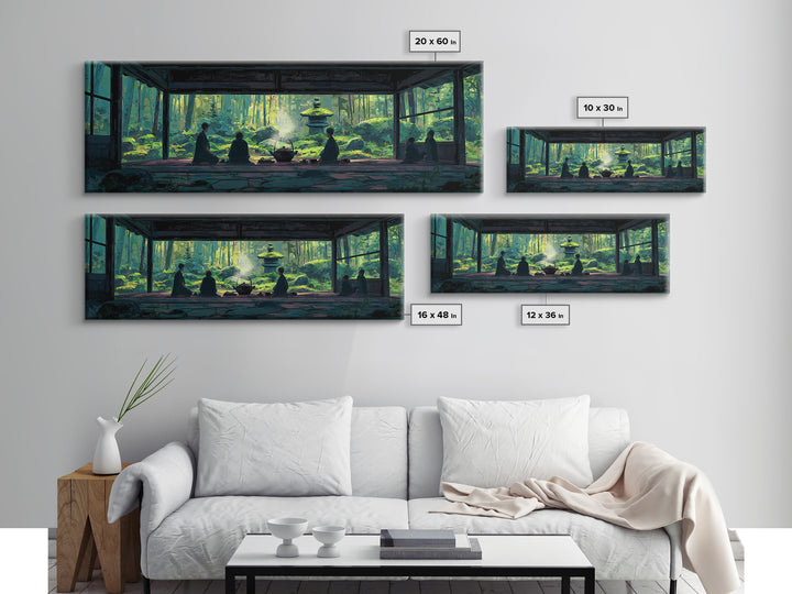 Serene Zen Tea Room With Forest Garden Canvas Print, Japanese Wall Art, Meditation Room Decor, Japandi Nature Landscape Art