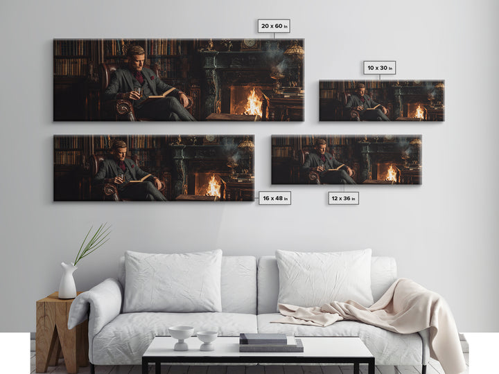 Gentleman Reading By Fireplace Wall Art, Dark Academia Library Canvas Print, Cozy Office Decor, Book Lover Housewarming Gift