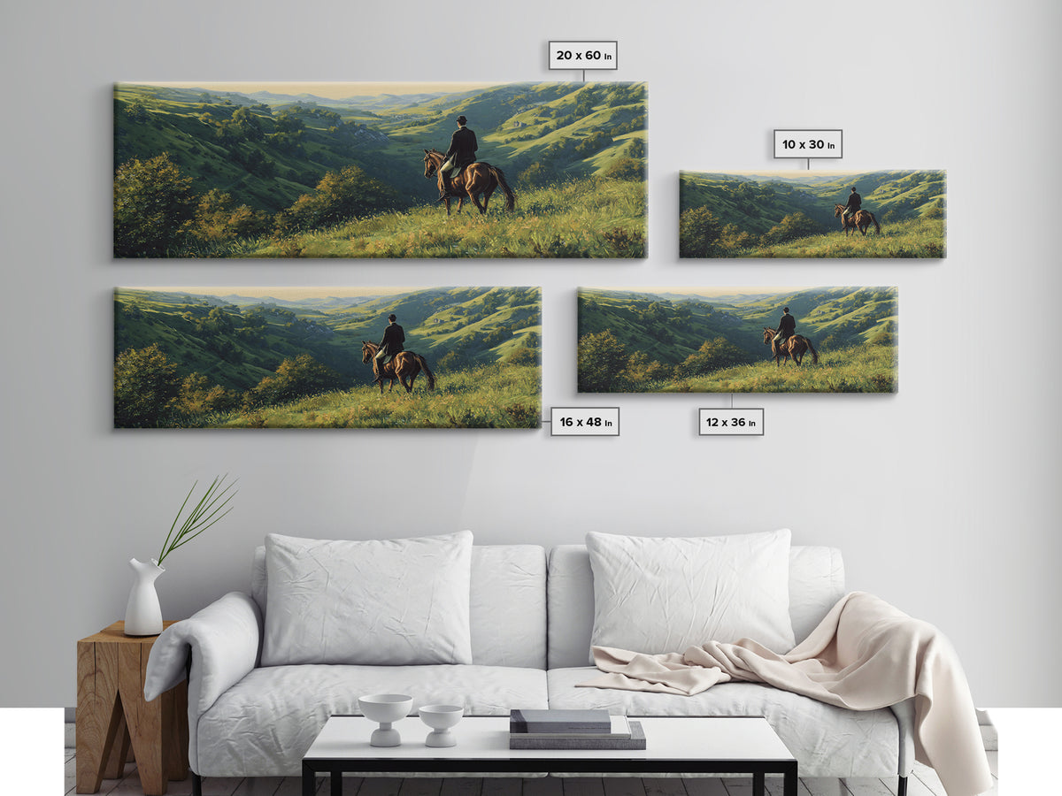 Horse Rider Over Green Valley Wall Art, Panoramic Landscape Canvas Print, Western Country Home Decor, Equestrian Gift For Him
