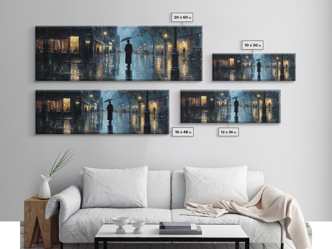 Rainy City Street With Umbrella Wall Art, Moody Urban Landscape Print, Blue Night Office Decor, Contemporary Canvas Print