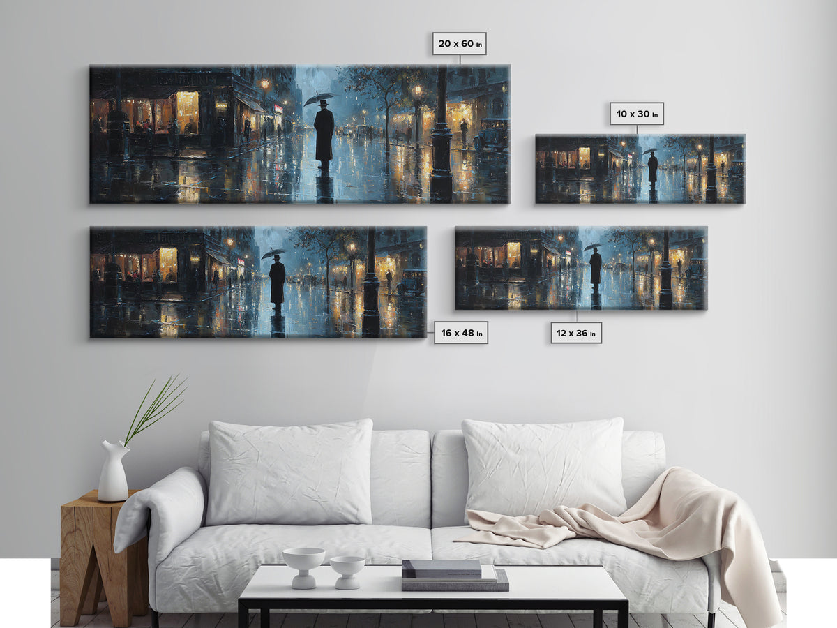 Rainy City Street With Umbrella Wall Art, Moody Urban Landscape Print, Blue Night Office Decor, Contemporary Canvas Print