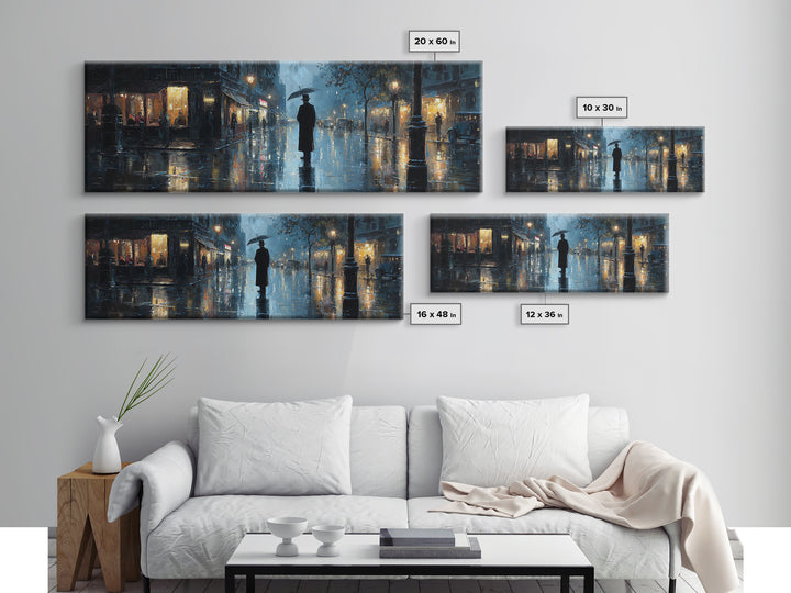 Rainy City Street With Umbrella Wall Art, Moody Urban Landscape Print, Blue Night Office Decor, Contemporary Canvas Print