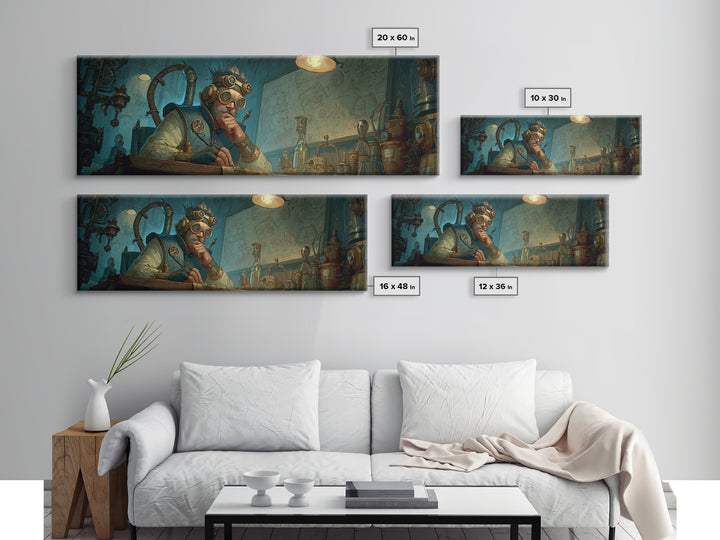 Steampunk Inventor Writing In Blue Laboratory Wall Art, Futuristic Science Decor, Industrial Office Art Print, Gift For Him