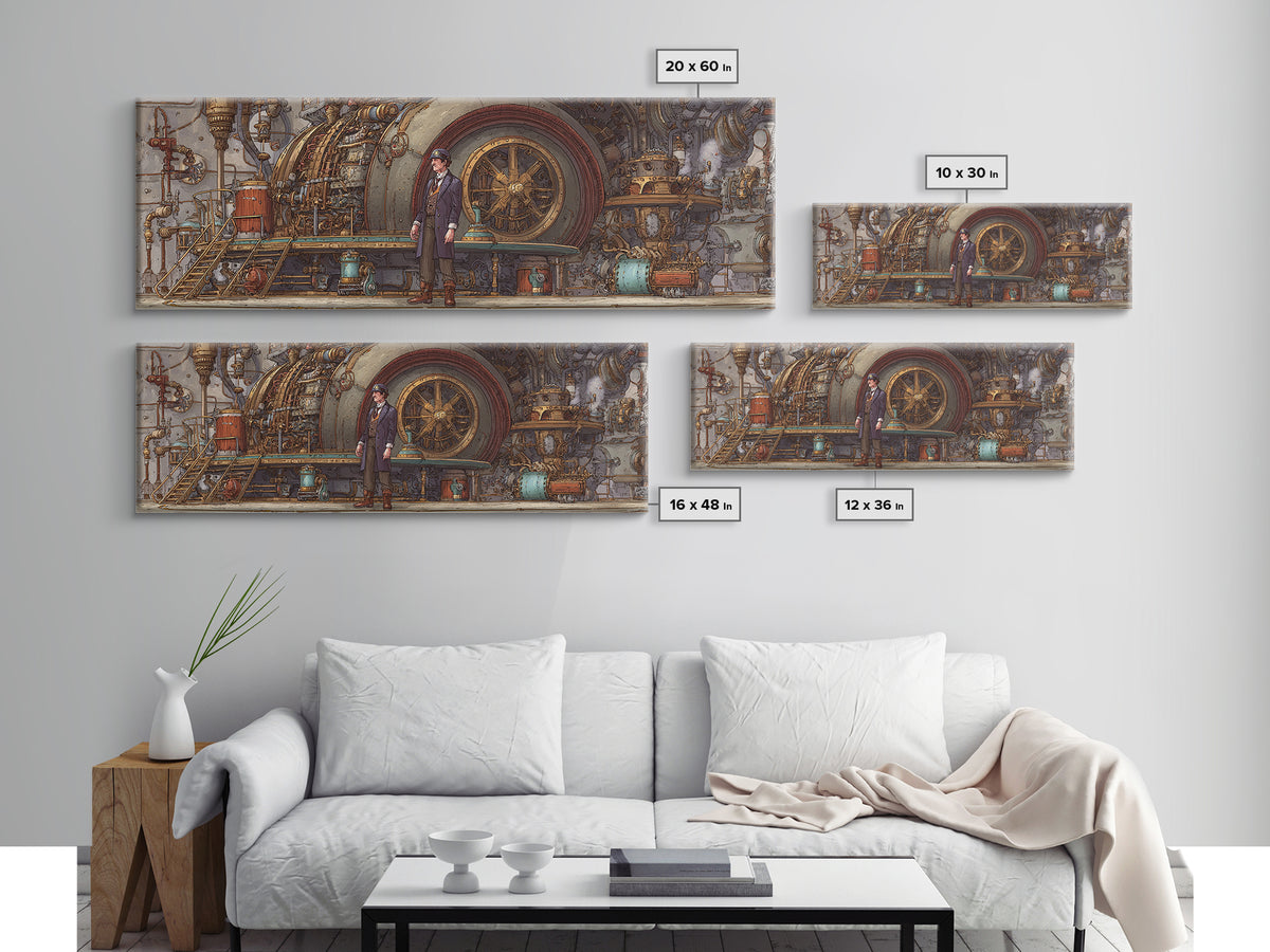 Victorian Engineer Before Giant Machine Canvas Print, Steampunk Industrial Wall Art, Mechanical Office Decor, Gift For Him