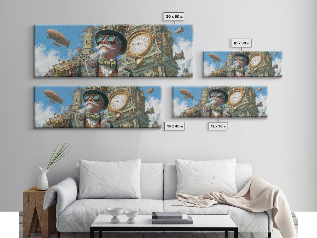 Steampunk Gentleman With Goggles And Clock Tower Wall Art, Victorian Airship Canvas, Industrial Office Decor For Living Room