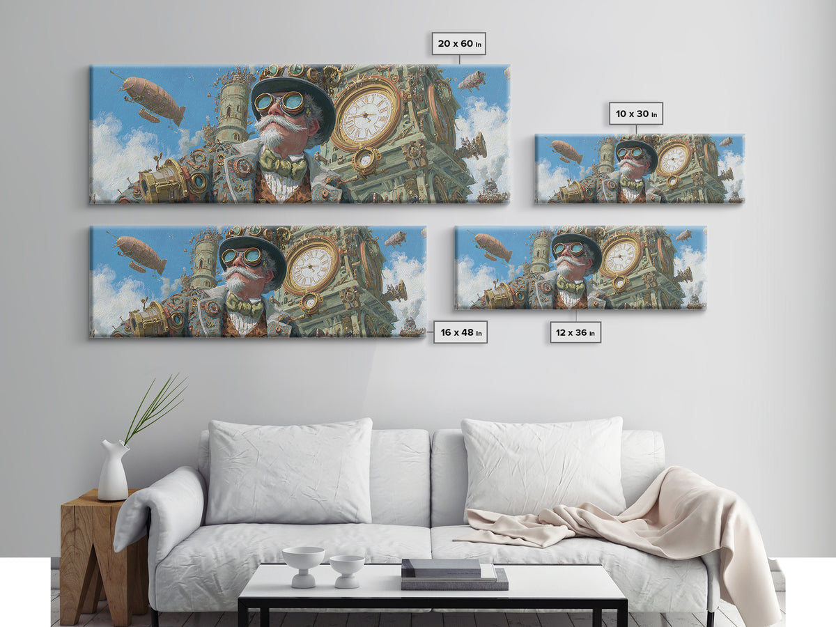 Steampunk Gentleman With Goggles And Clock Tower Wall Art, Victorian Airship Canvas, Industrial Office Decor For Living Room