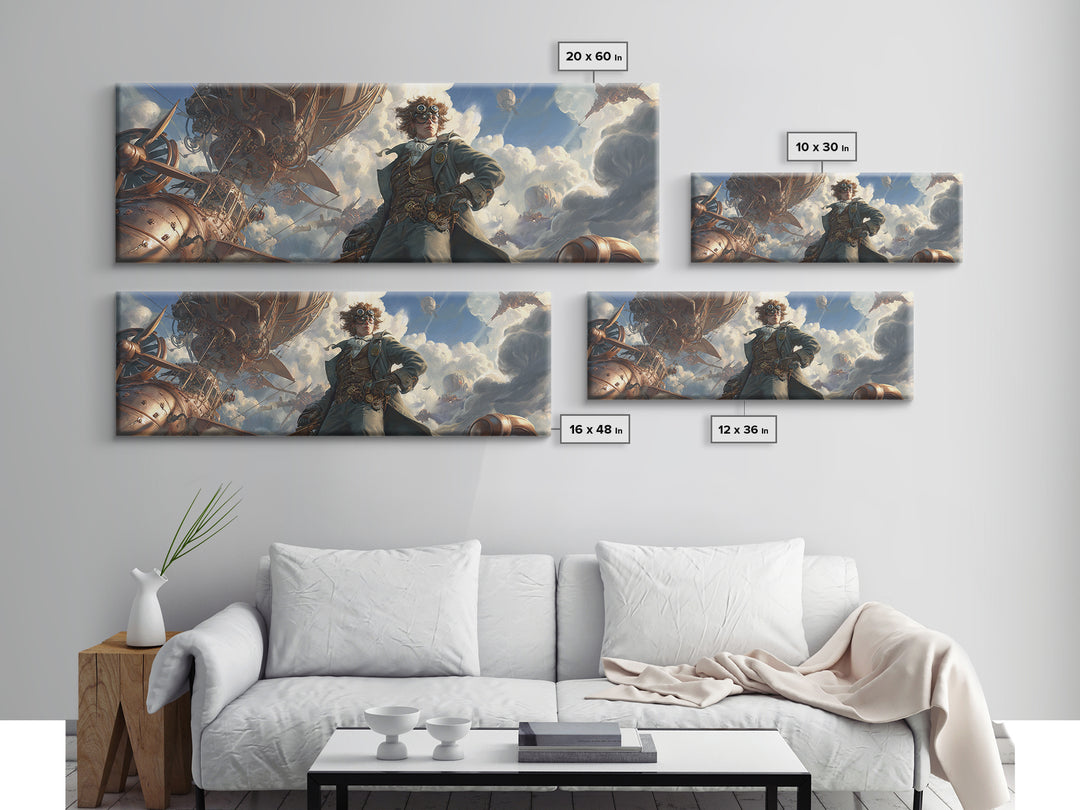 Airship Captain In Storm Clouds Framed Canvas Print, Steampunk Aviation Wall Art, Dramatic Sci Fi Office Decor For Game Room