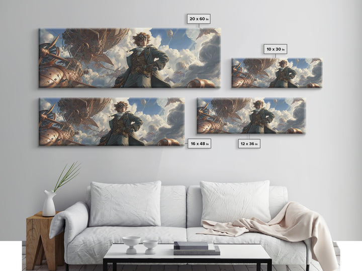 Airship Captain In Storm Clouds Framed Canvas Print, Steampunk Aviation Wall Art, Dramatic Sci Fi Office Decor For Game Room