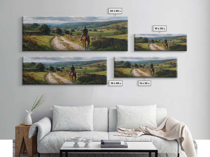 Lone Horse Rider On Country Road Wall Art, Rolling Hills Landscape Canvas Print, Rustic Farmhouse Living Room Decor Gift
