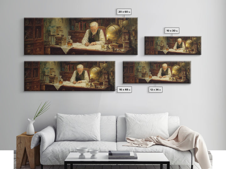 Elderly Scholar Writing Maps In Library Wall Art, Antique Globe Canvas Print, Dark Academia Office Decor Gift For Book Lovers
