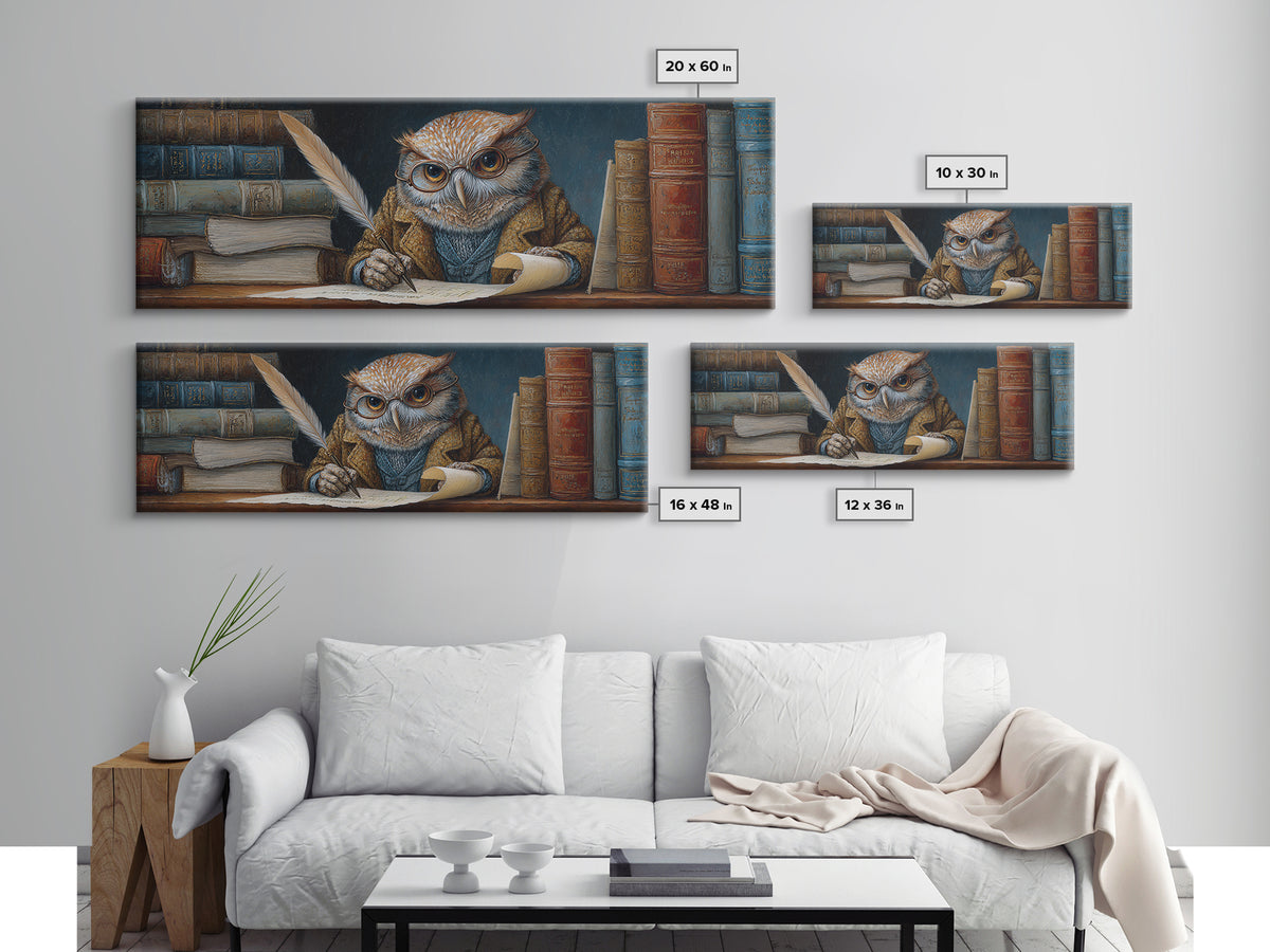 Whimsical Owl Scholar Writing Letters Wall Art, Storybook Animal Canvas Print, Cozy Library Nursery Office Decor Gift For Readers