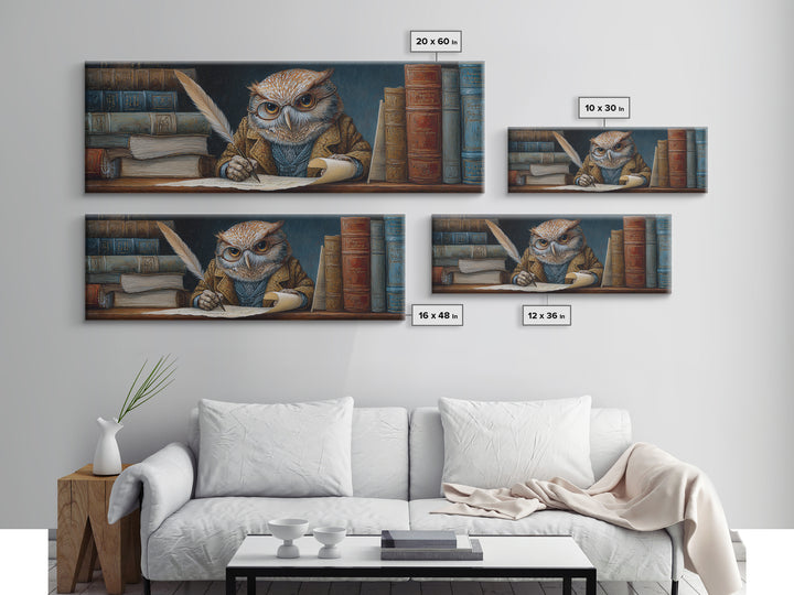 Whimsical Owl Scholar Writing Letters Wall Art, Storybook Animal Canvas Print, Cozy Library Nursery Office Decor Gift For Readers